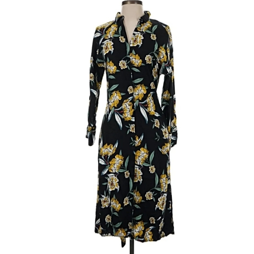 ZARA Yellow Floral Printed Shirt Dress Large Black Belted Side Slit Midi #7065